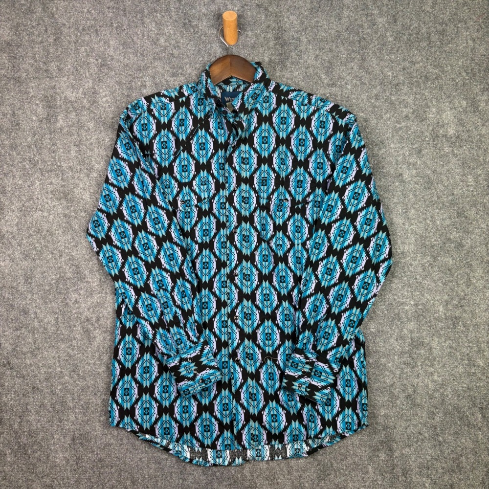 Wrangler Western Shirt Mens Medium M Blue Geometric Diamond Snap Button MC1217M